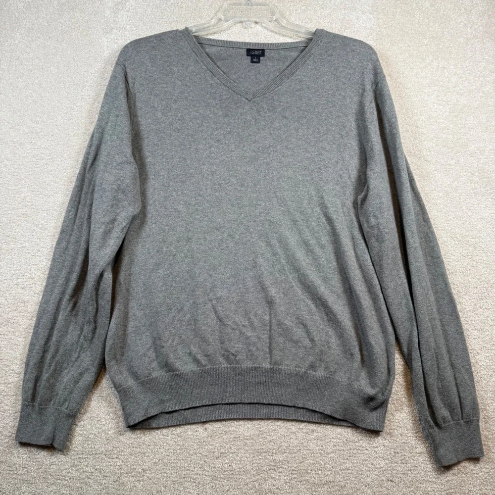 J.Crew V-Neck Sweater Mens Large Gray Cotton Cashmere Blend Long Sleeve